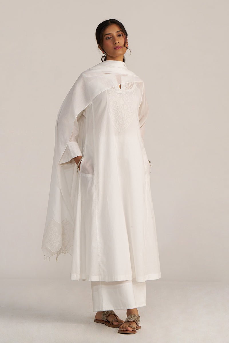 White Minimal Embroidered Kurta, Pants And Dupatta Set