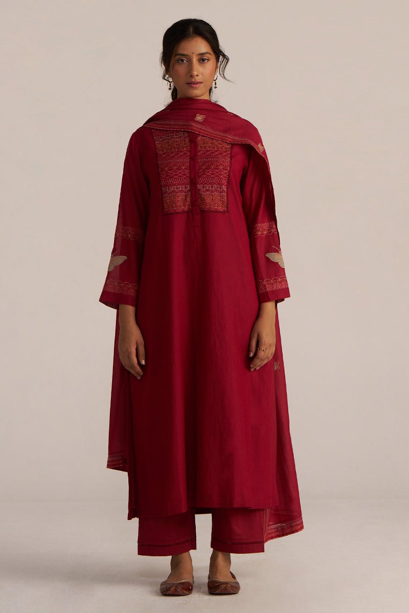 Maroon Embroidered Rayon Kurta Set
