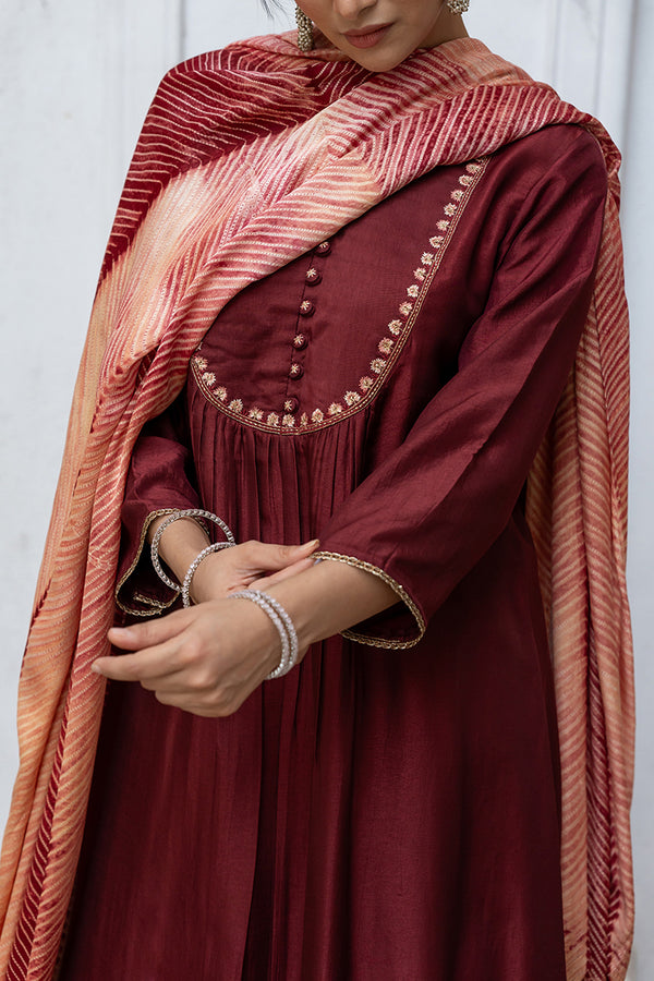 Tibetan Maroon Raw Silk Salwar Suit With Hand Made Shibori Dupatta