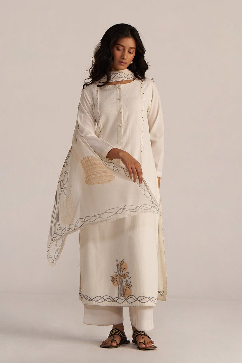 Off White Printed Pure Cotton A-Line Kurta Trouser Set main image 0