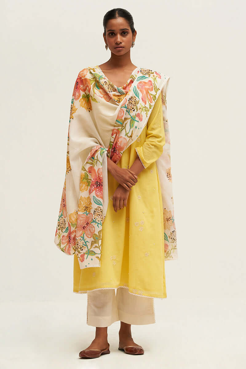 Women yellow printed cotton blend festival wear salwar suit