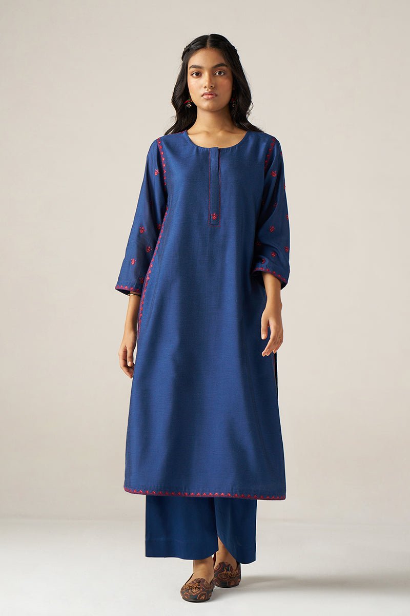 Womens Blue  Silk Blend Round Neck Co-Ords