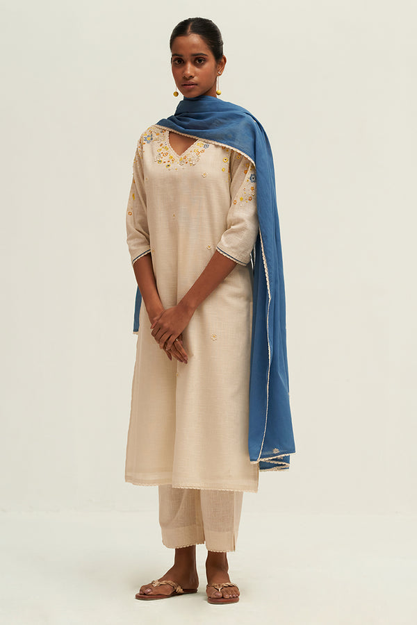 Cream Cotton Linen Embroidered Salwar Suit