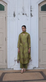Henna Green Raw Silk Salwar Suit With Organza Dupatta