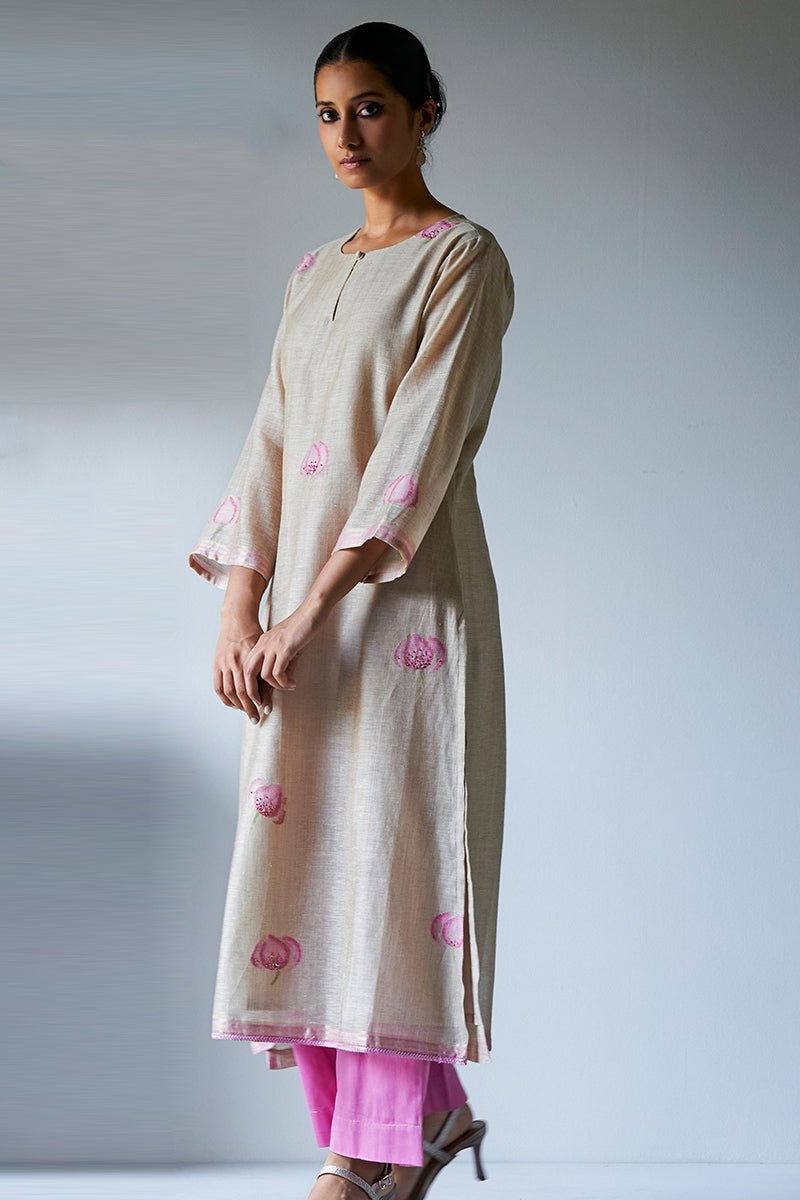 Beige and Pink Woven Kurta Suit Set With Delicate Hand Work Detailing