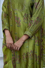 Henna Green Raw Silk Salwar Suit With Organza Dupatta