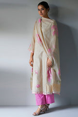 Beige and Pink Woven Kurta Suit Set With Delicate Hand Work Detailing
