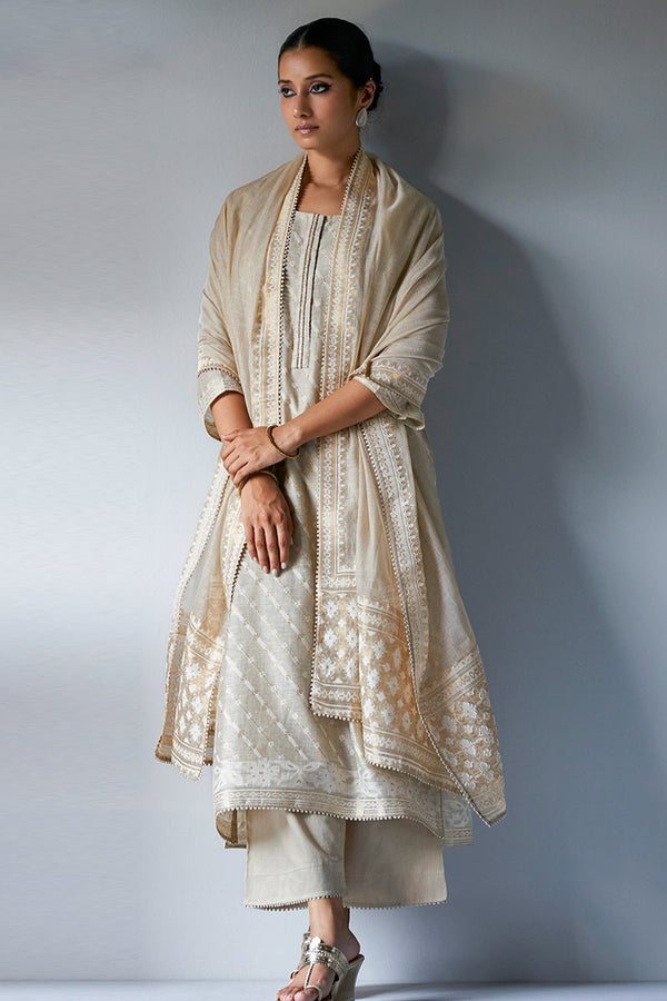 Fog Beige Woven Zari Kurta Suit Set With Delicate Embroidery Detailing