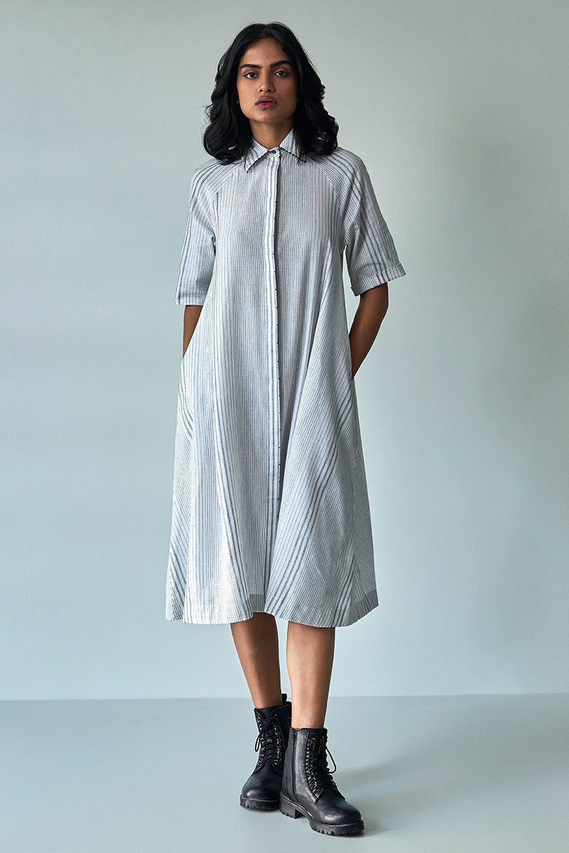 Handwoven white checkered Shirt Dress