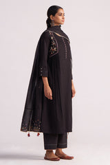 Woman wearing a Black Embroidered Kurta Set on a white background