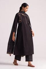 Woman wearing a Black Embroidered Kurta Set on a white background