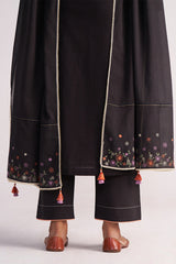 Black Embroidered Kurta Set and tassels on a white background