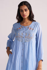 Woman wearing a Airy Blue Mul-Chanderi Co-ord Set against a white background