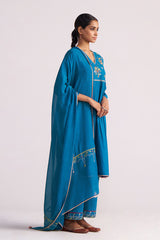 Woman wearing a Celestial Blue Embroidered Kurta Set on a white background