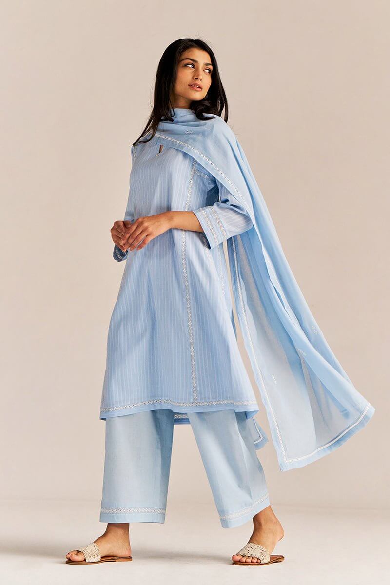Baby Blue Woven Cotton Kurta Set