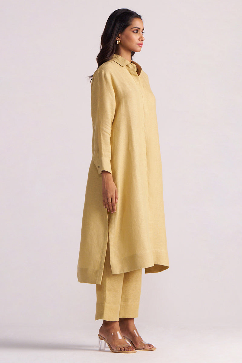 Woman wearing a Fall Leaf Pure Linen Co-ord Set with pants on a light gray background
