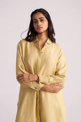 Woman wearing a Fall Leaf Pure Linen Co-ord Set on a white background