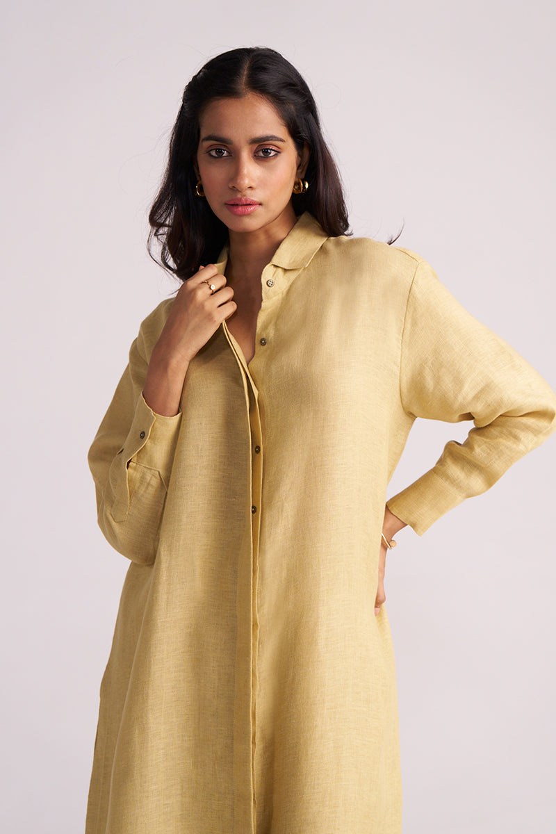 Woman wearing a Fall Leaf Pure Linen Co-ord Set against a plain background