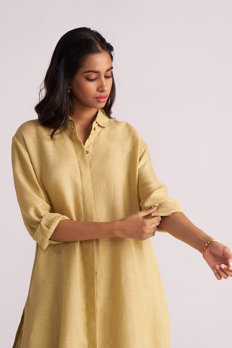 Woman wearing a Fall Leaf Pure Linen Co-ord Set against a white background