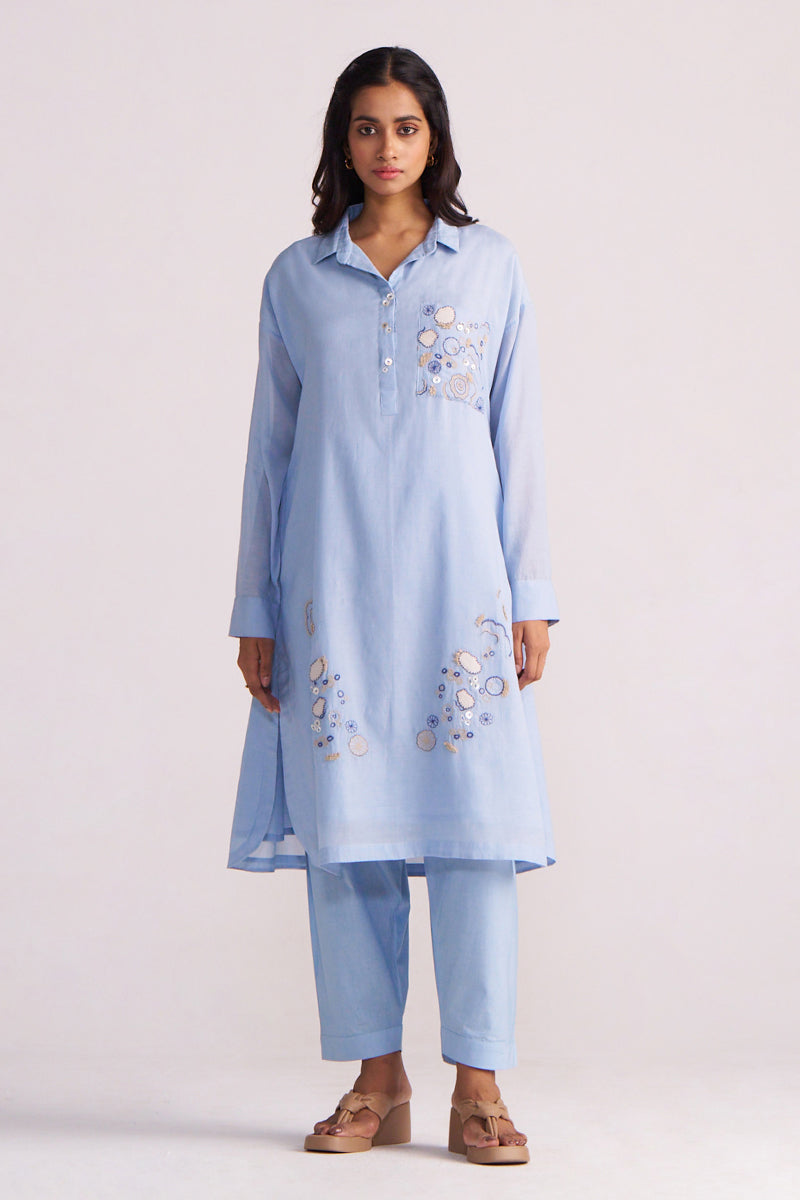 Woman wearing a Soft Sky Blue Mul-Mul Co-ord Set on a white background
