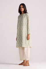 Woman wearing a Cream and Deep Olive Mughal Tree Hand Print Cotton-Linen Co-ord Set on a plain background