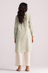Woman wearing a Cream and Deep Olive Mughal Tree Hand Print Cotton-Linen Co-ord Set on a light gray background