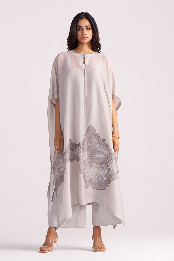 Woman wearing a Ash Grey Silk Kaftaan Co-ord Set on a white background