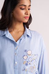 Woman wearing a Soft Sky Blue Mul-Mul Co-ord Set on a plain background