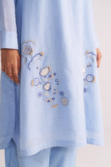 Soft Sky Blue Mul-Mul Co-ord Set with floral patterns on a plain background