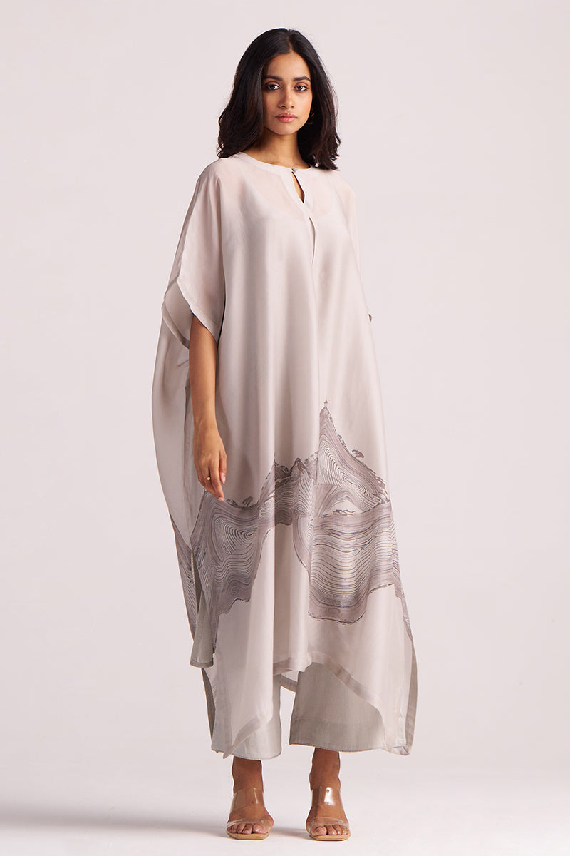 Woman wearing a Ash Grey Silk Kaftaan Co-ord Set on a white background