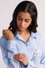 Woman wearing a Soft Sky Blue Mul-Mul Co-ord Set on a plain background