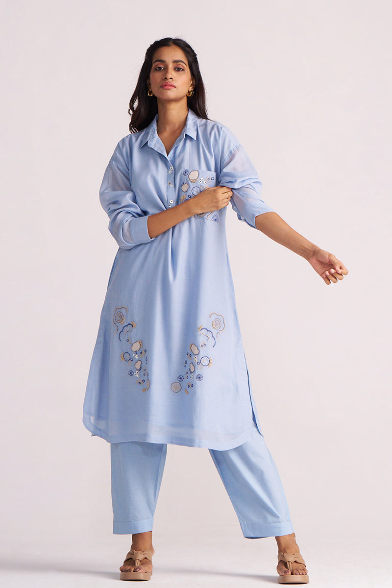 Woman wearing a Soft Sky Blue Mul-Mul Co-ord Set on a plain background