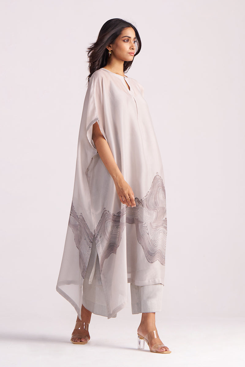 Woman wearing a Ash Grey Silk Kaftaan Co-ord Set on a white background