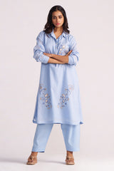 Woman wearing a Soft Sky Blue Mul-Mul Co-ord Set on a plain background