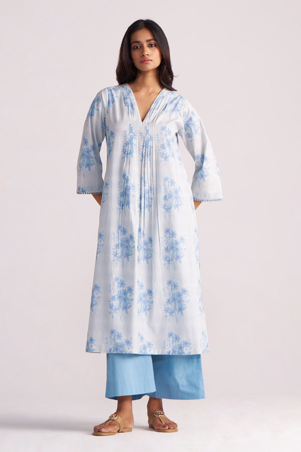 Cream and Dusty Blue Hand-Print Cotton Co-ord Set