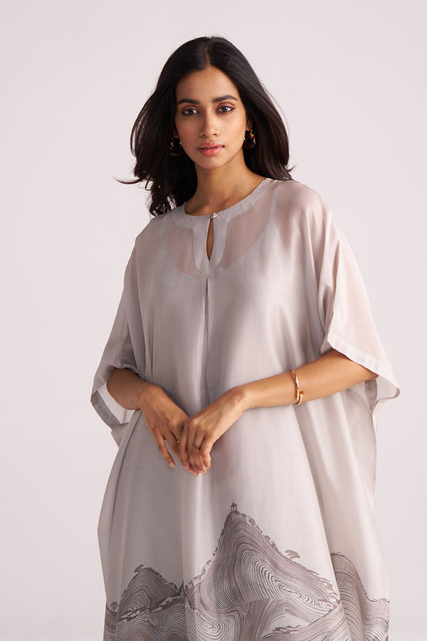 Woman wearing a Ash Grey Silk Kaftaan Co-ord Set on a plain background