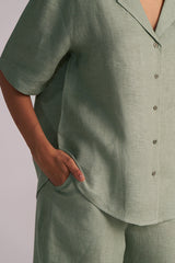 Lily Pad Green Pure Linen Co-ord Set with button details on a plain background