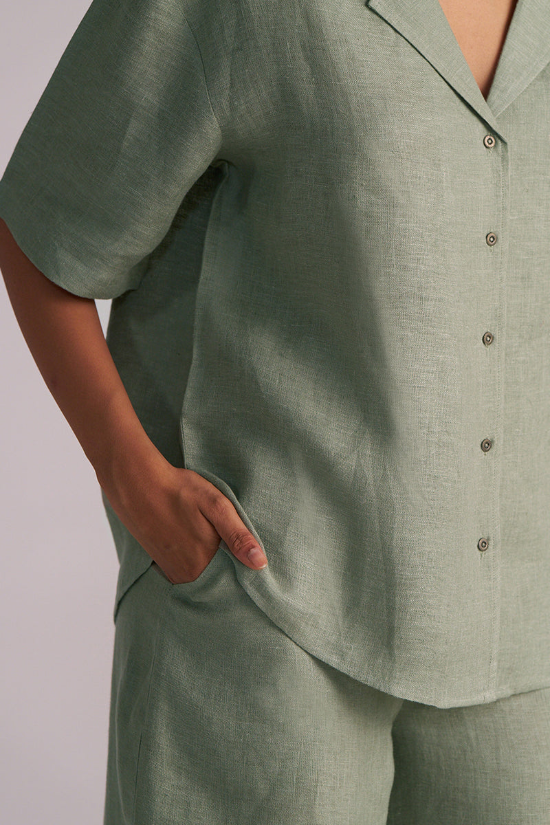 Lily Pad Green Pure Linen Co-ord Set with button details on a plain background