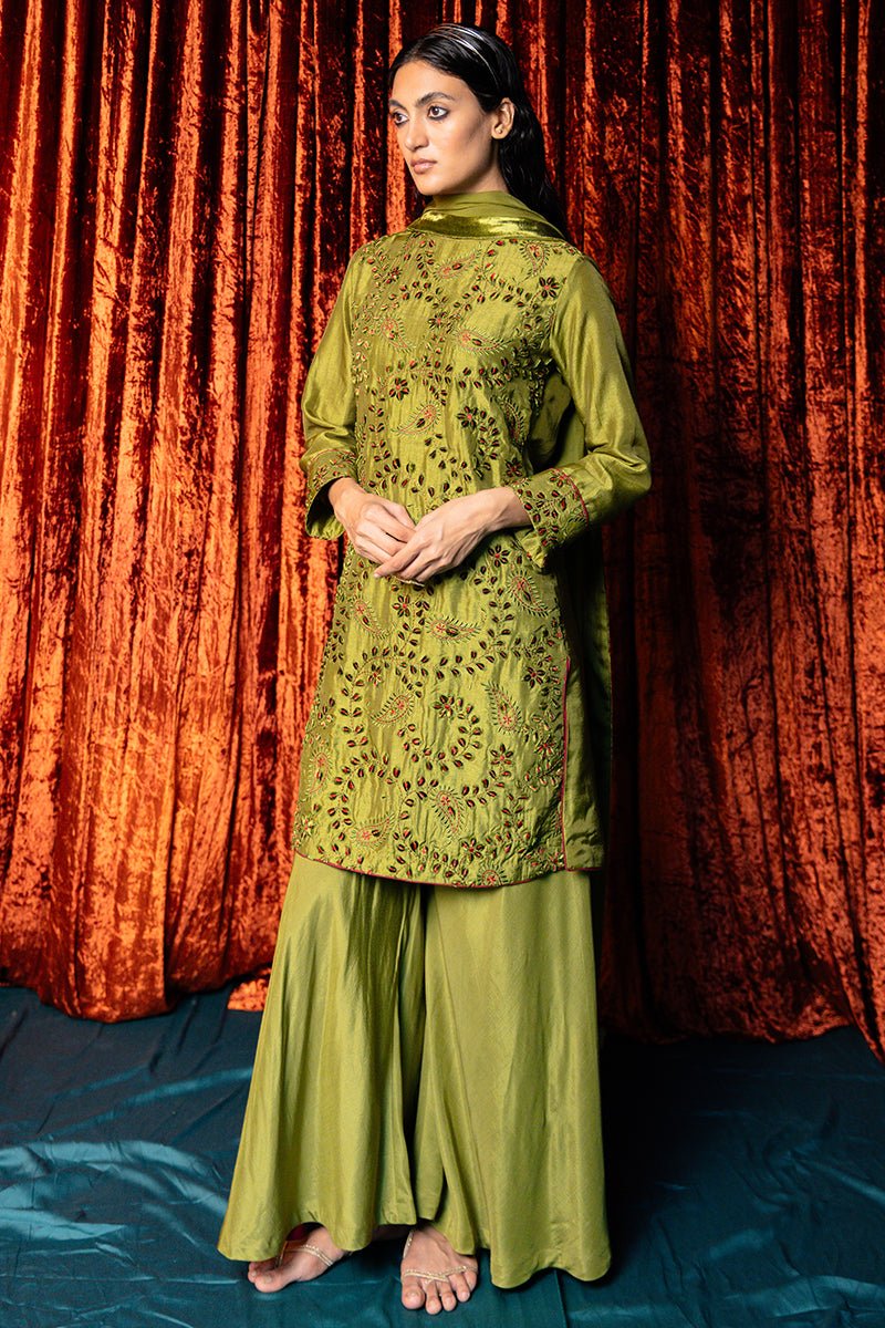 Green Olive Full Embroidered Raw Silk Kurta Set - Ganga Fashions