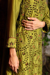 Green Olive Full Embroidered Raw Silk Kurta Set