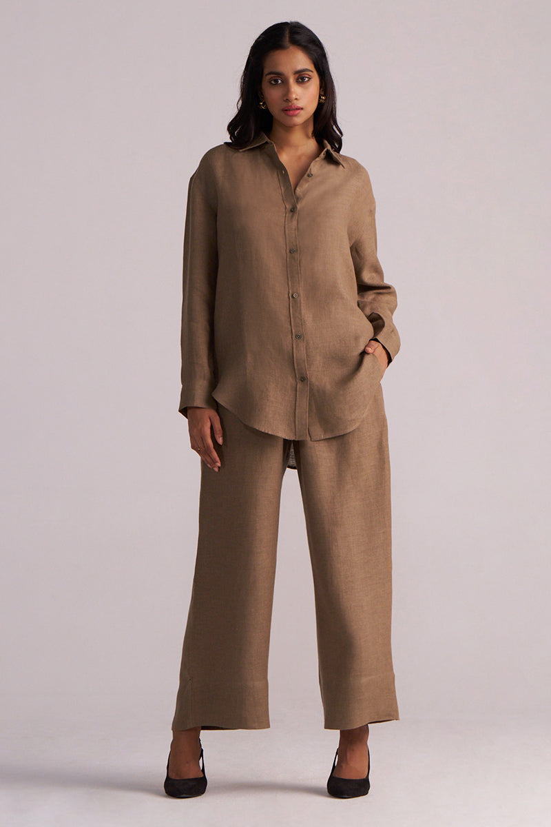 Woman wearing a Woodsmoke Brown Pure Linen Co-ord Set on a plain background
