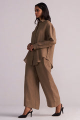 Woman wearing a Woodsmoke Brown Pure Linen Co-ord Set against a plain background