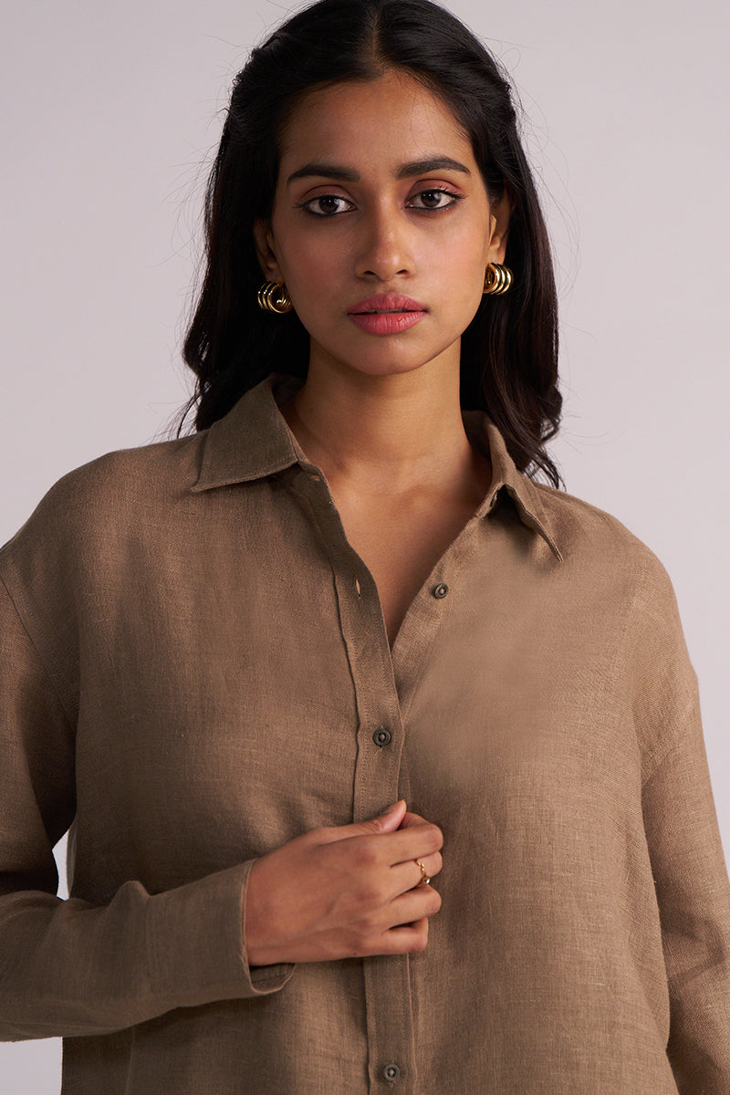 Woman wearing a Woodsmoke Brown Pure Linen Co-ord Set against a plain background