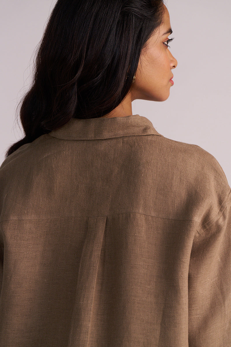 Woman wearing a Woodsmoke Brown Pure Linen Co-ord Set against a plain background