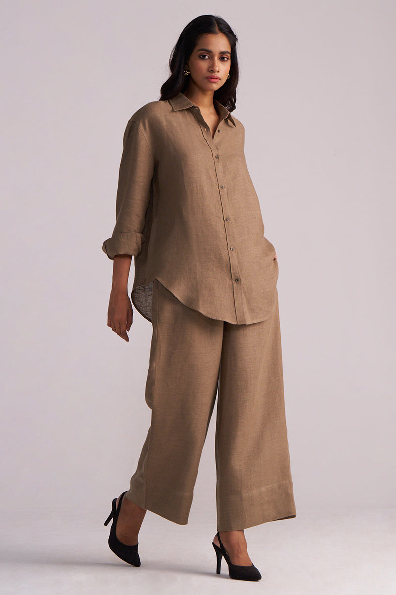 Woman wearing a Woodsmoke Brown Pure Linen Co-ord Set on a plain background