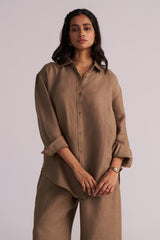 Woman wearing a Woodsmoke Brown Pure Linen Co-ord Set against a plain background