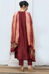 Tibetan Maroon Raw Silk Salwar Suit With Hand Made Shibori Dupatta