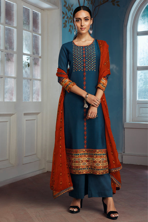 Blue Bemberg Silk Kurta with Chiffon Dupatta
