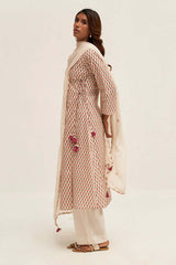 Cream Flower Printed Cotton Angrakha Suit