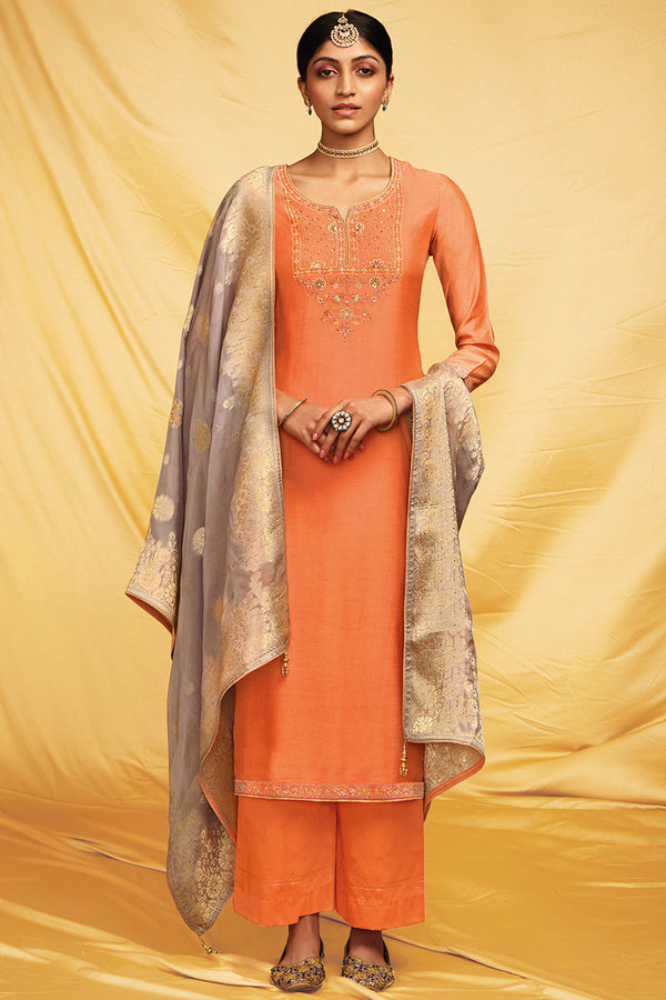 Peach Premium Bemberg Moonga Silk Embroidered Suit with Organza Jacquard Dupatta